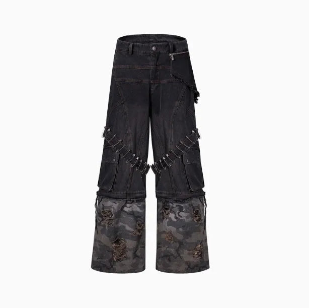 Men's grey cotton jeans with a camouflage splicing pattern, pin accents, and ribbon trim details.