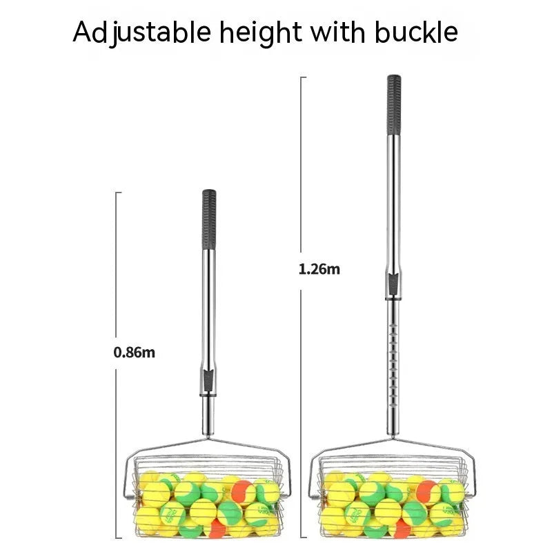 Stainless steel tennis ball roller picker with adjustable width on a court.