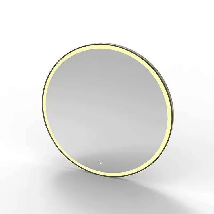Round black aluminium frame LED smart bathroom mirror mounted on wall with illuminated surface.