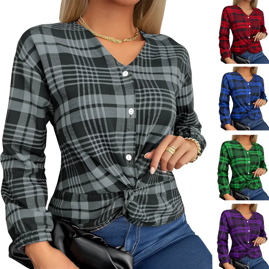 Women's purple, grey, and red plaid casual shirt with regular sleeves on a hanger.