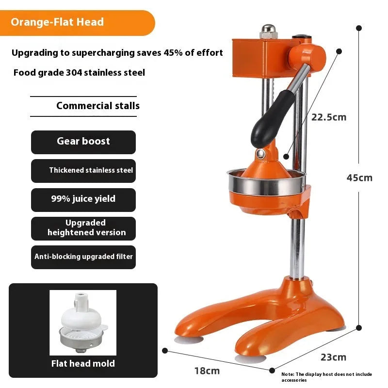 Vertical stainless steel manual juicer on zinc alloy base, showing colour and head style options.