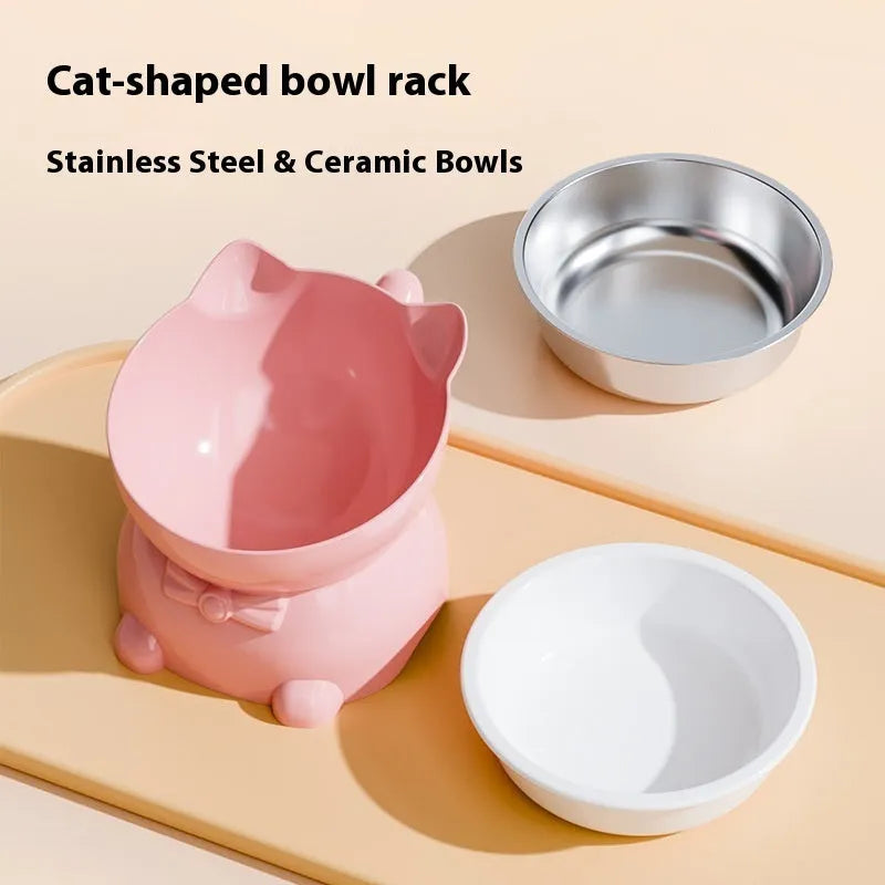 Stainless steel oblique anti-fall cat bowl in black, blue, pink, and yellow colours.