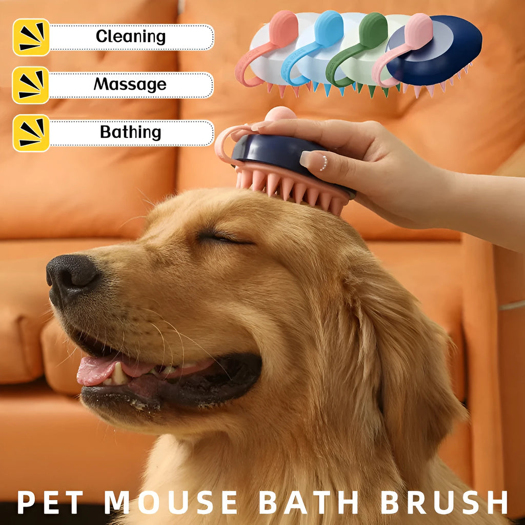 Silicone pet bath brush with massage bristles for dog and cat grooming in shower
