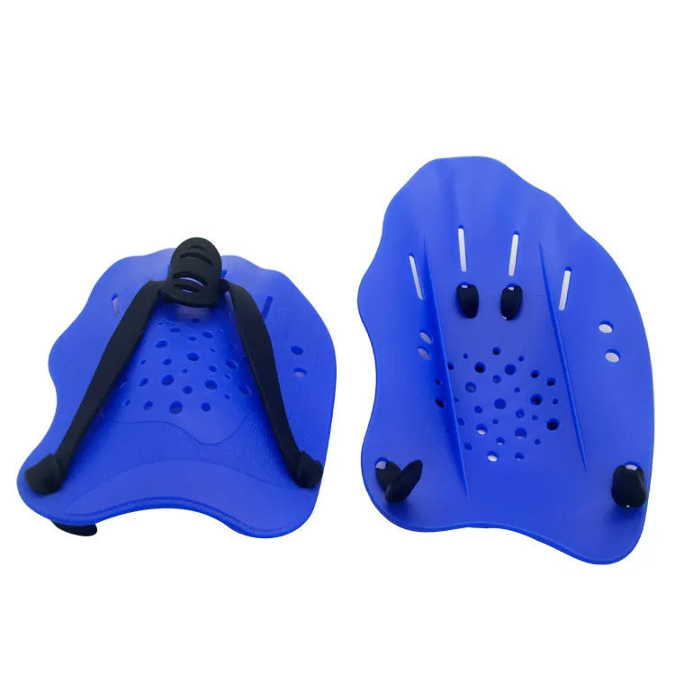 A pair of webbed swimming training hand paddles for freestyle stroke, shown in multiple colour options including dark blue with yellow.