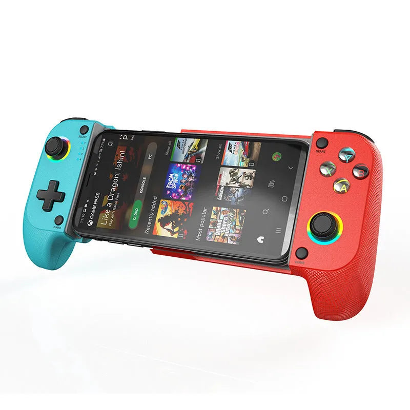Bluetooth stretching game controller for mobile phones in black, red and blue, or white