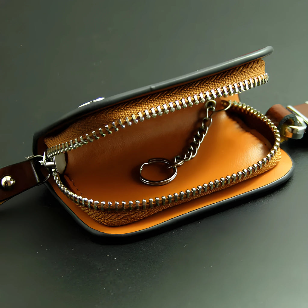 Genuine leather car key case with frosted finish in black or brown colour.