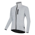 Silver waterproof polyester long sleeved windproof coat showing front design.