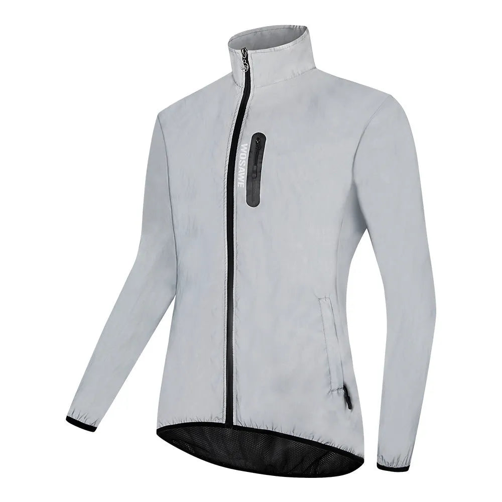 Silver waterproof polyester long sleeved windproof coat showing front design.