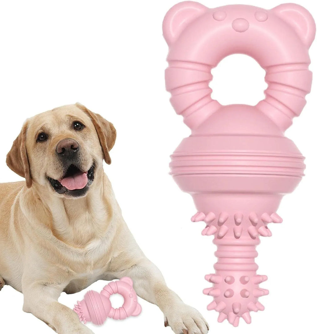 Blue rubber bell-shaped dog chew toy with textured surface for teeth cleaning