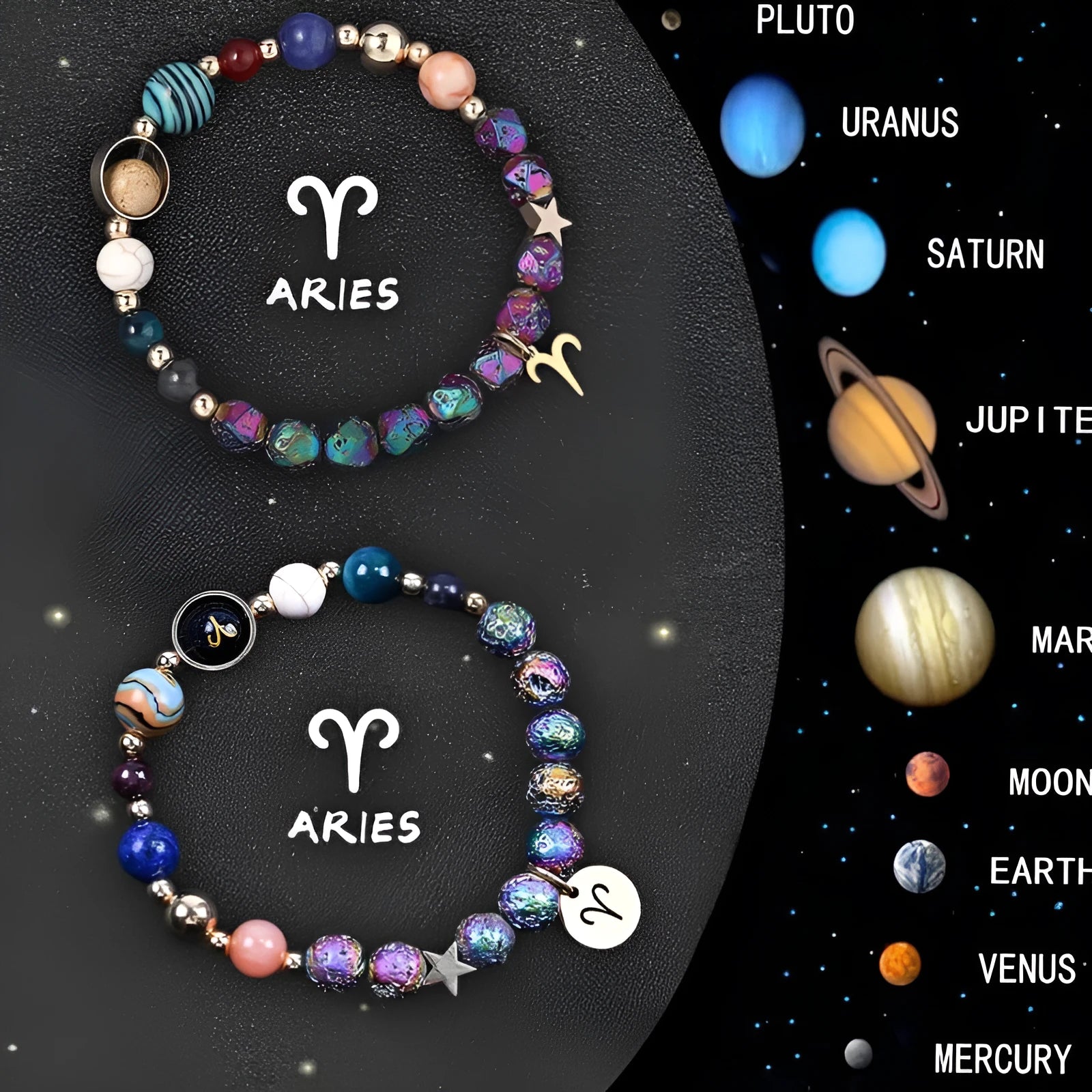 Set of two natural stone beaded bracelets with metal zodiac charms on an elastic cord.