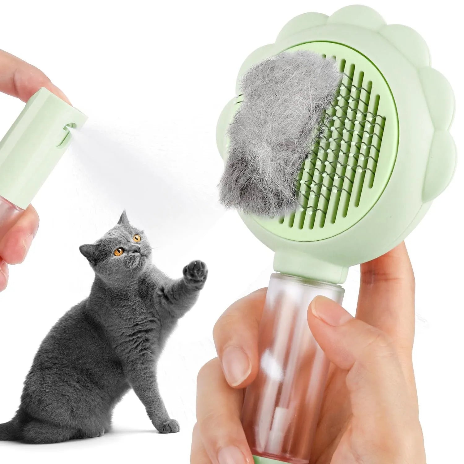 Grey spray function pet brush with stainless steel bristles and a self-cleaning button on the handle.