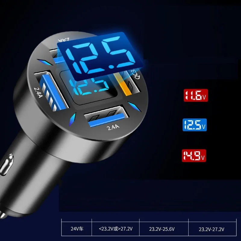 Four-port USB car charger with digital voltage display showing output reading