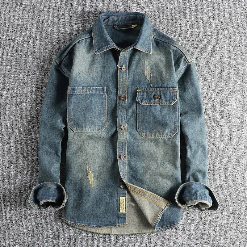 Men's loose-fit washed vintage denim shirt in light blue and dark blue colour options.