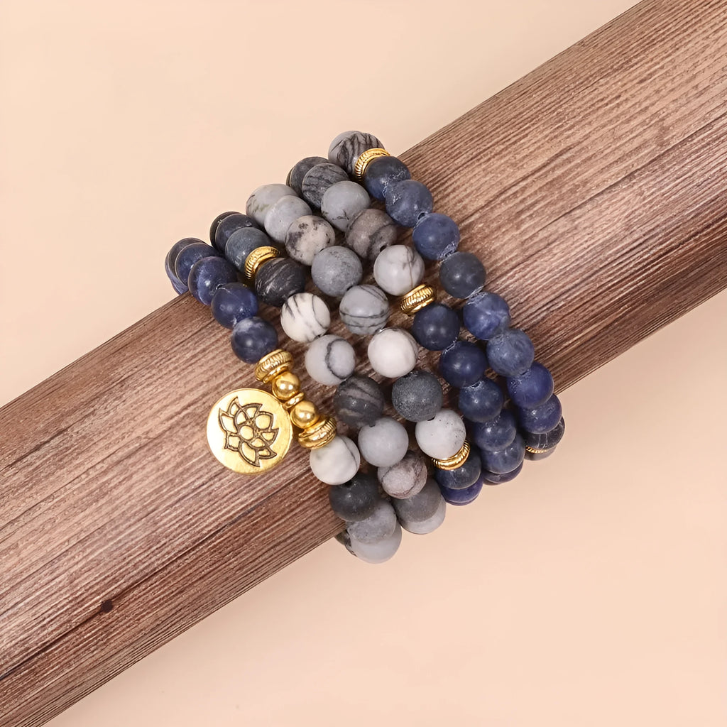 Blue patterned network stone beads on multi-layer alloy metal bracelet showing fresh sweet style