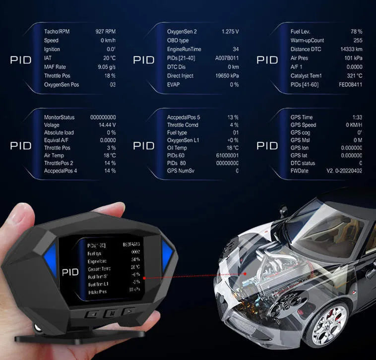 P1 black vehicle head-up display unit with OBD cable on a car dashboard.