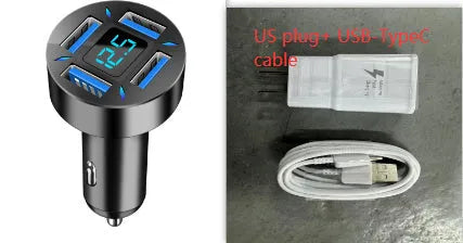 Four-port USB car charger with digital voltage display showing output reading