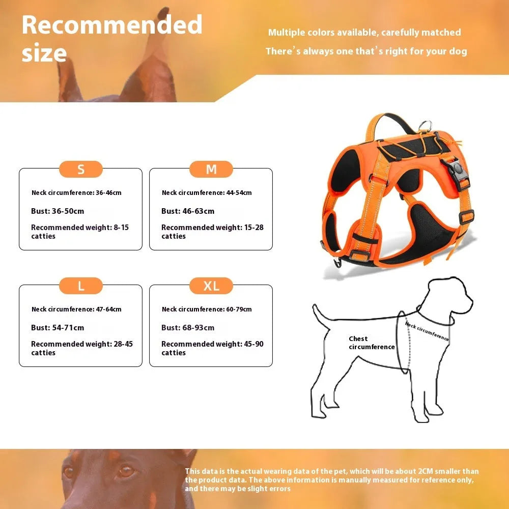 Reflective orange dog harness with black hand holding rope and explosion-proof breast strap.