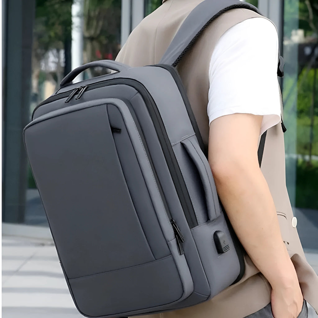 Men's waterproof Oxford cloth backpack with curved shoulder straps shown in black colour