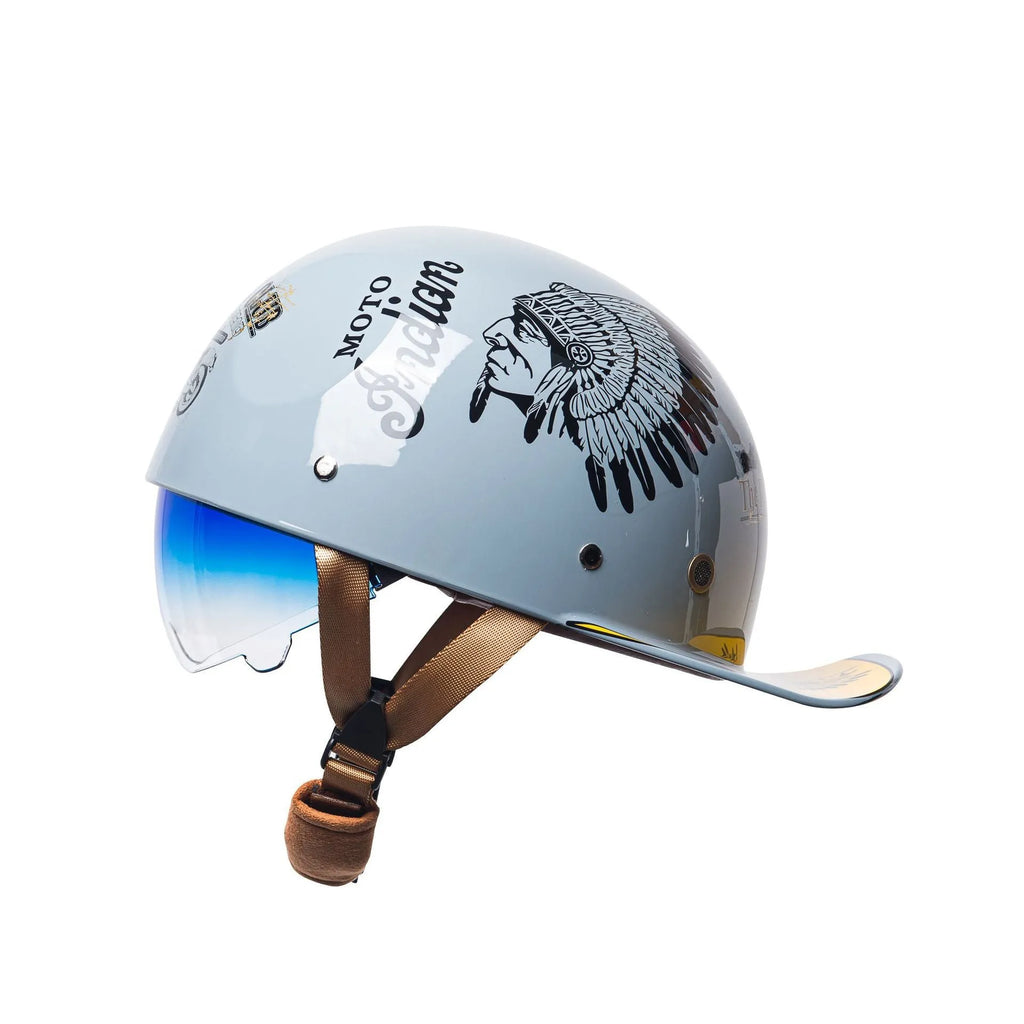 Retro-style electric bicycle half helmet for men in bright black with a gradient blue lens.