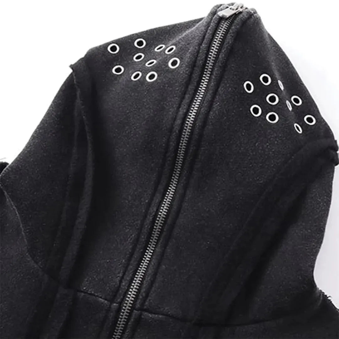 Black loose zip hooded cotton coat with abstract pattern and padding for autumn wear