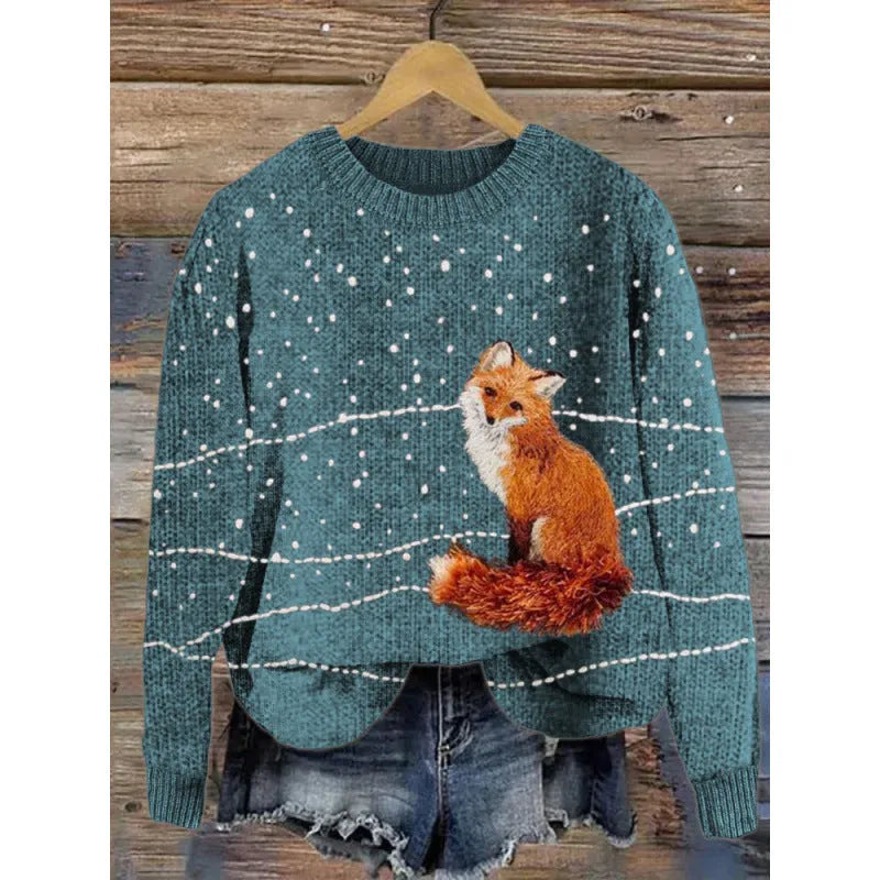 Little Flower digital printed round neck sweater in polyester, shown on a hanger.