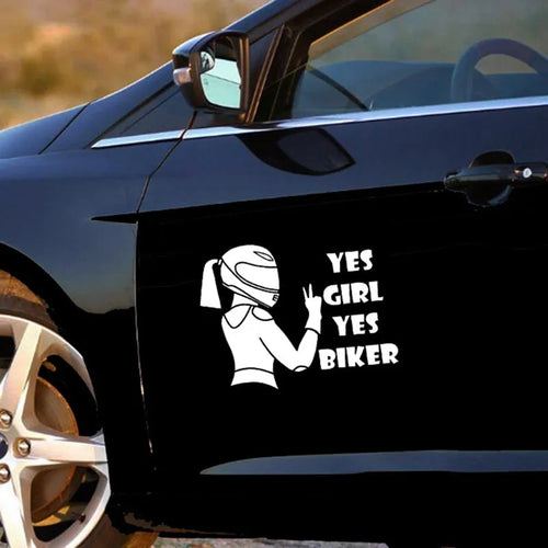 Black and white cartoon girl rider character car window sticker measuring 16cm by 15cm