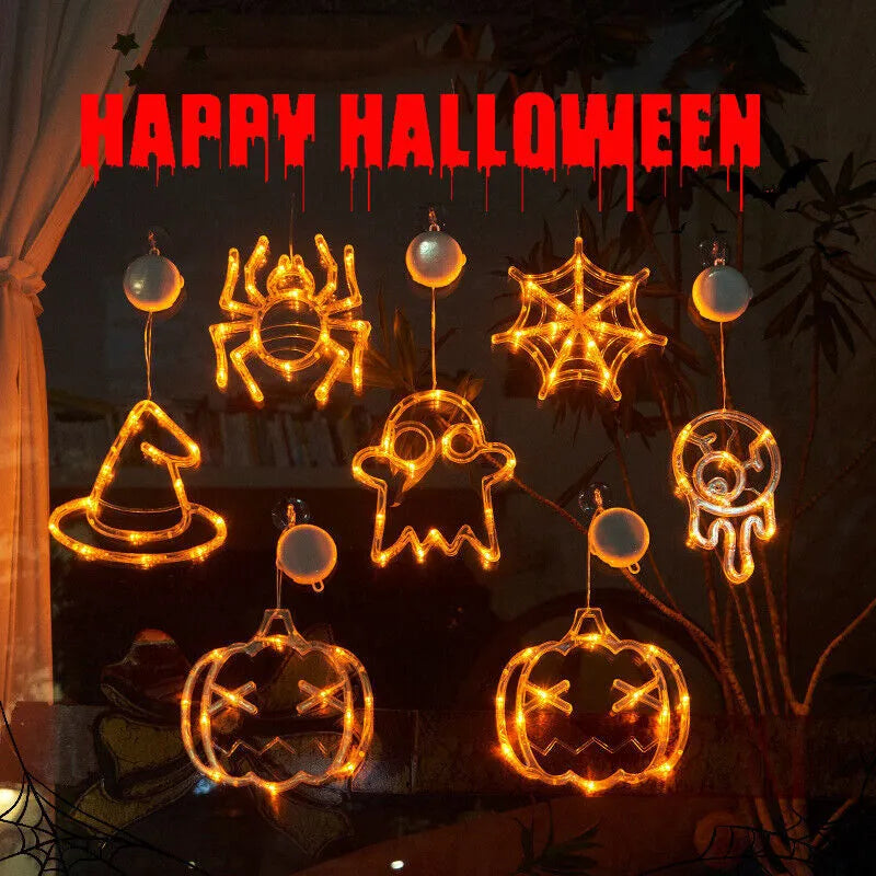 Set of seven Halloween-themed LED hanging lights with suction cups for window display
