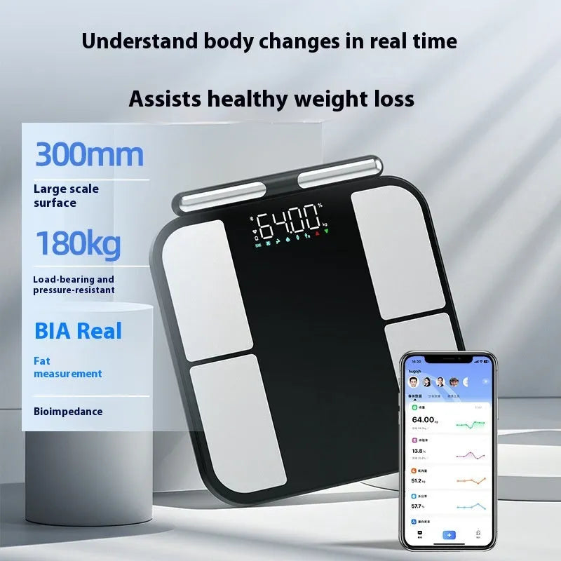 Black tempered glass digital bathroom scale showing body fat percentage on its colour screen.
