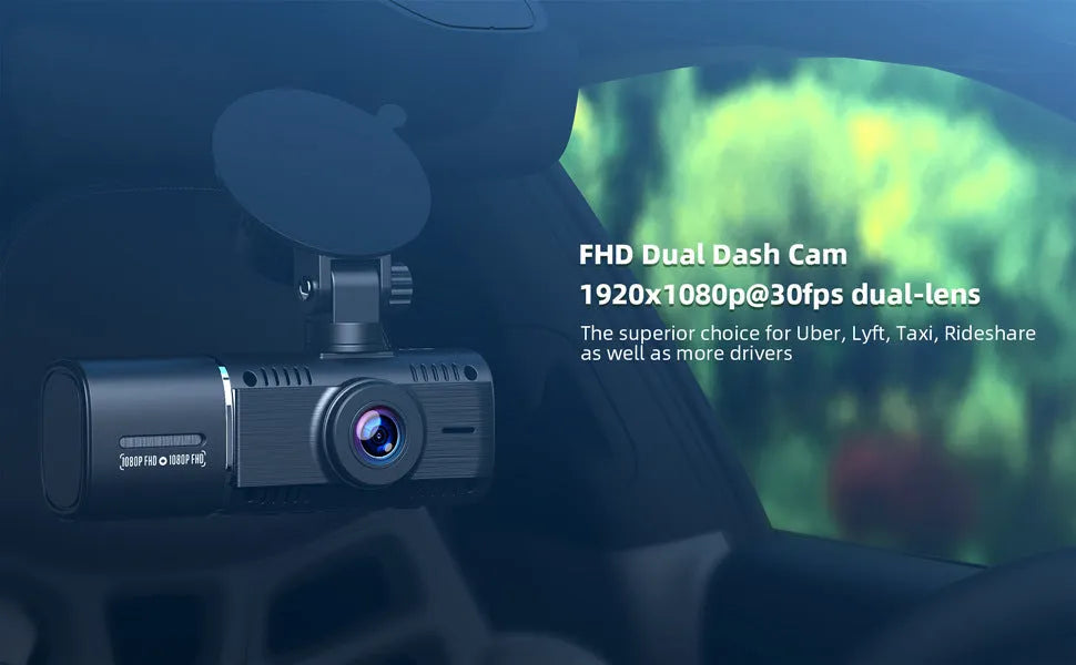 Black dash cam with 1.5-inch screen mounted on car windscreen showing dual camera recording.