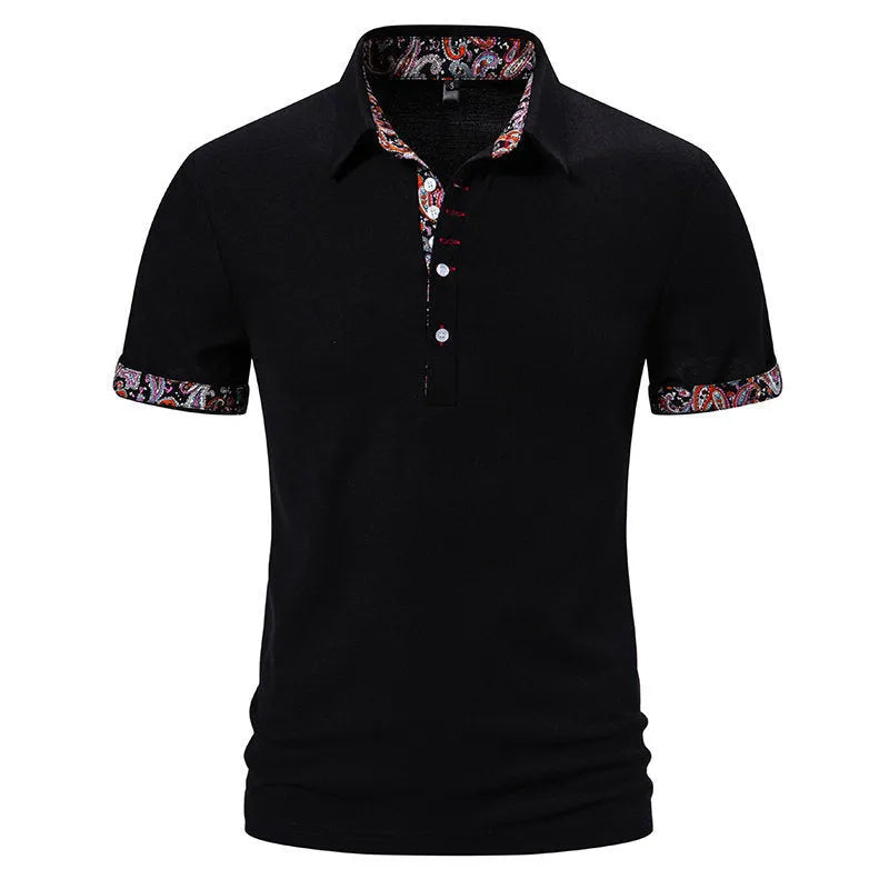 Men's cotton blend polo shirt with colour stitching on turnover collar in white, black, navy blue options