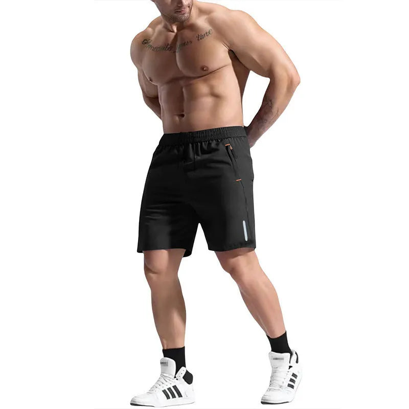 Men's grey elastic waist sports shorts made from bamboo blend fabric on a plain background.