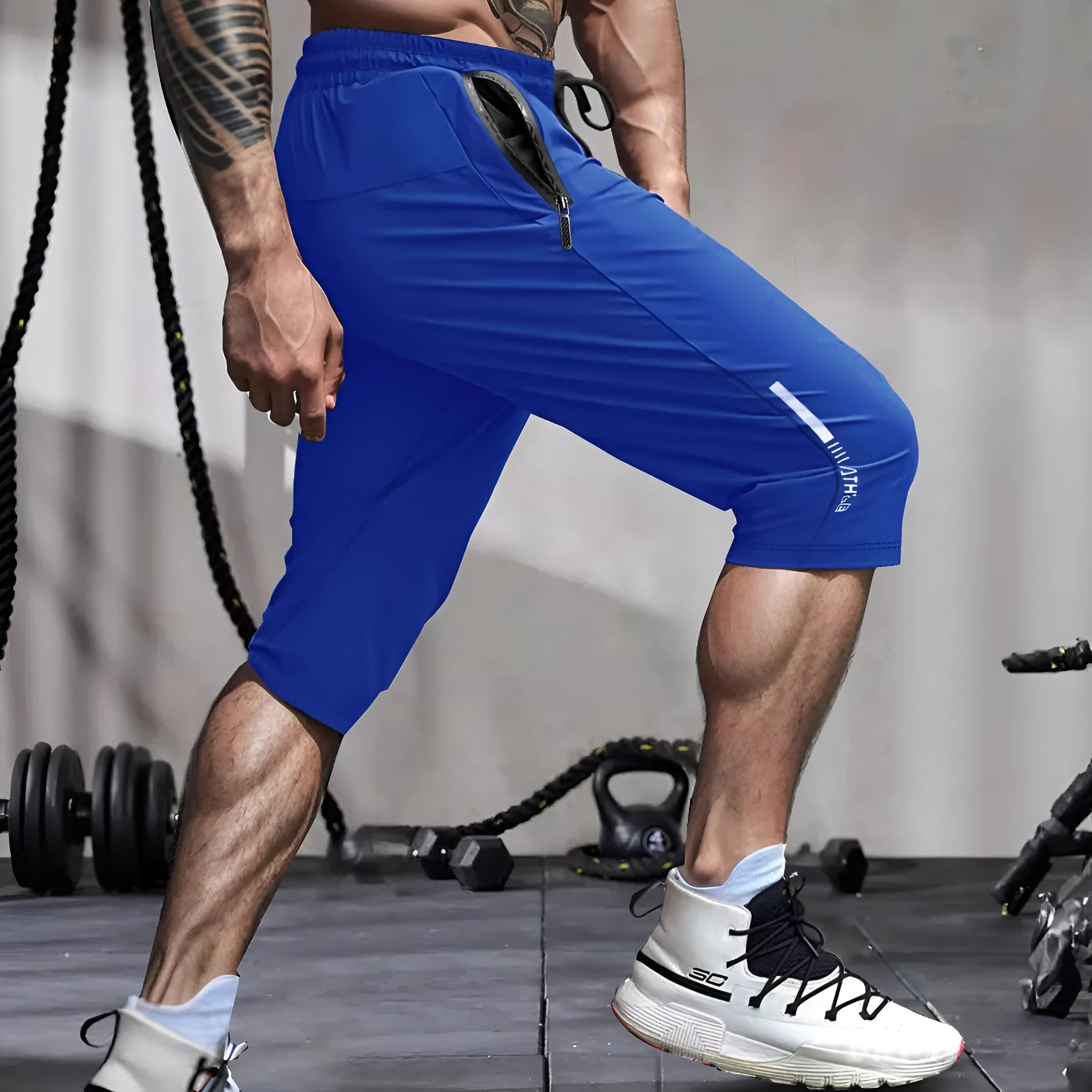 Men's cropped ice silk sports casual pants in nylon fabric with straight-leg cut