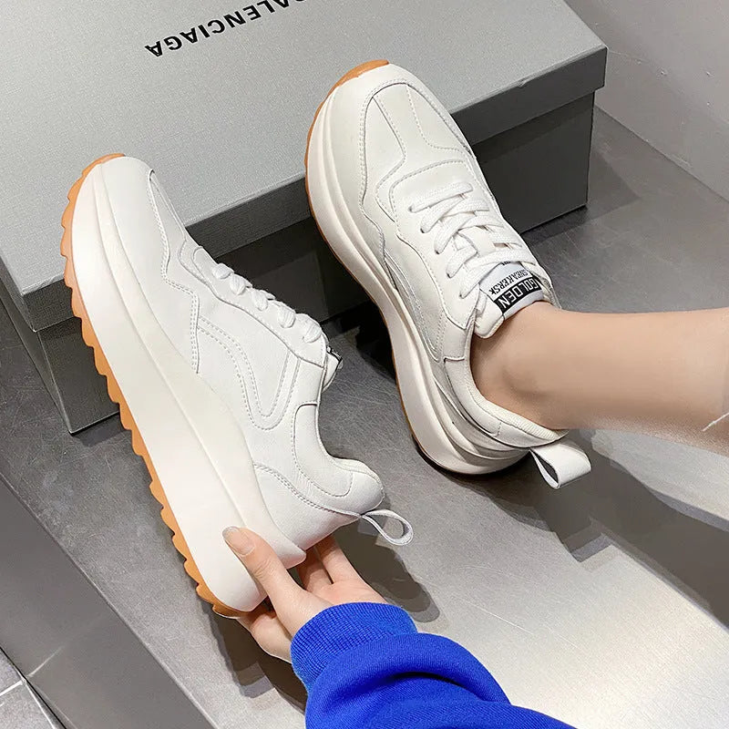 Women's beige cattlehide leather casual sports shoes with cross strap and English muffin heel