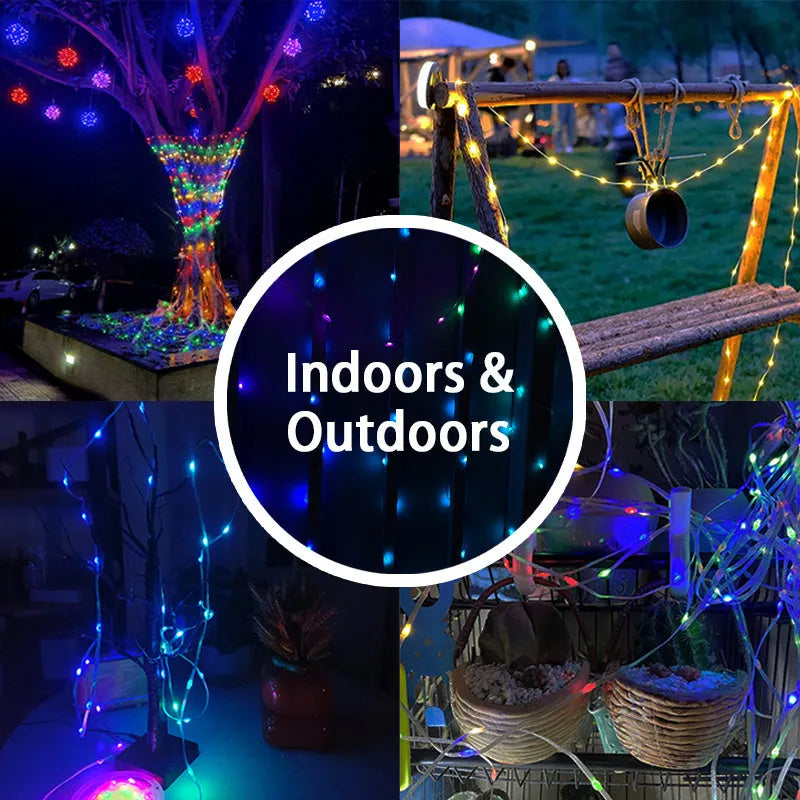 10-metre LED party light string with 100 multi-colour bulbs showing multiple lighting modes