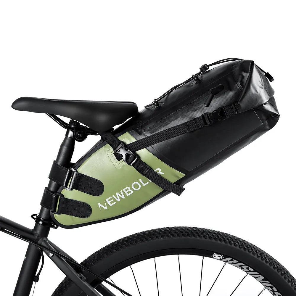 Waterproof black PVC bicycle tail bag with 13L capacity for outdoor cycling tools.