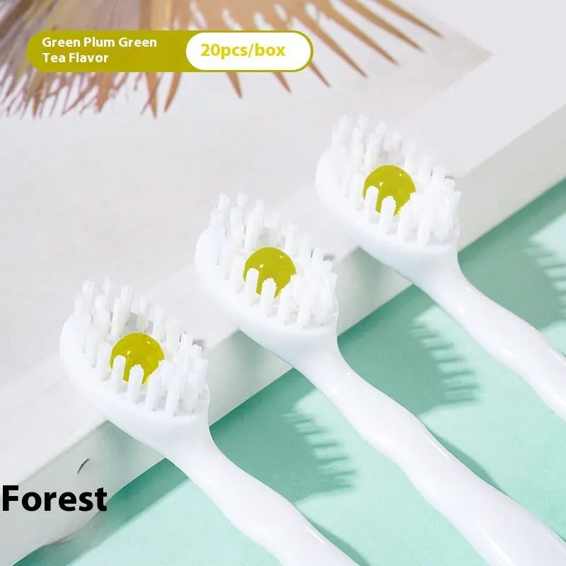 Box of 20 disposable bead toothbrushes with mint, peach, and plum green tea flavour options.