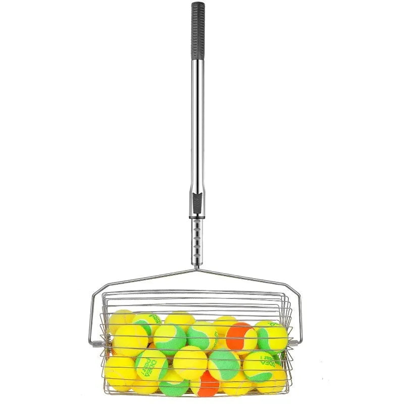 Stainless steel tennis ball roller picker with adjustable width on a court.