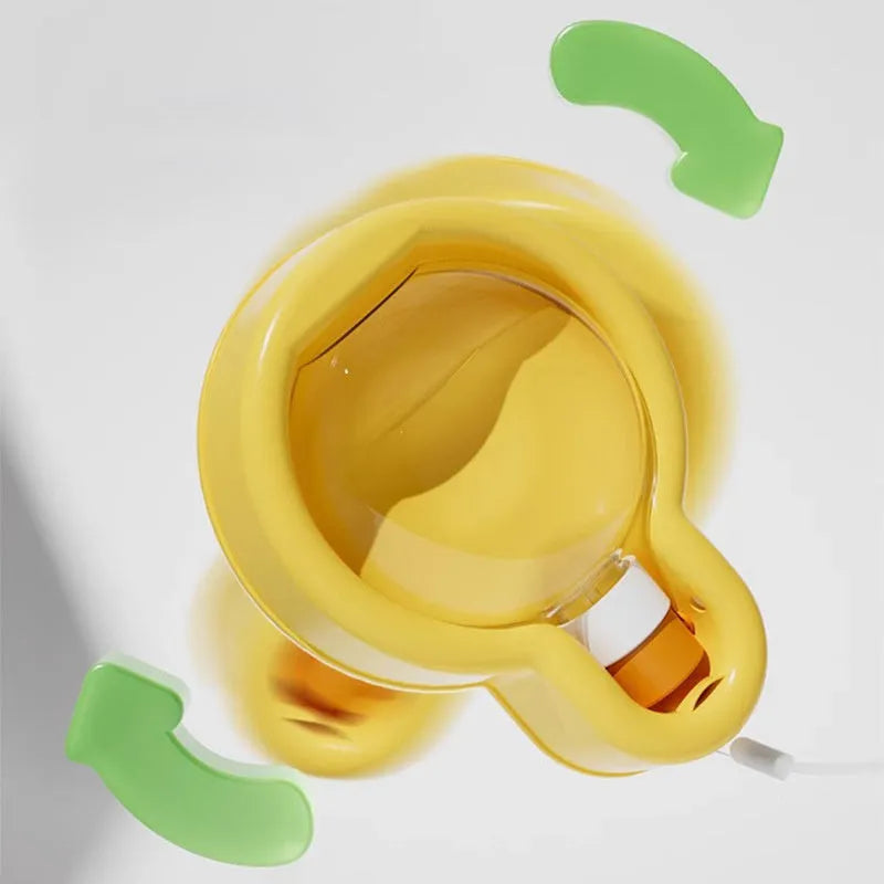 Green Orange Yellow portable pet travel cup with integrated drinking bowl and handle, showing 500ml and 350ml size options.