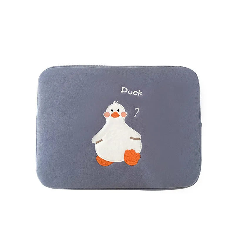 Cotton tablet case with embroidered cartoon duck design and zipper closure