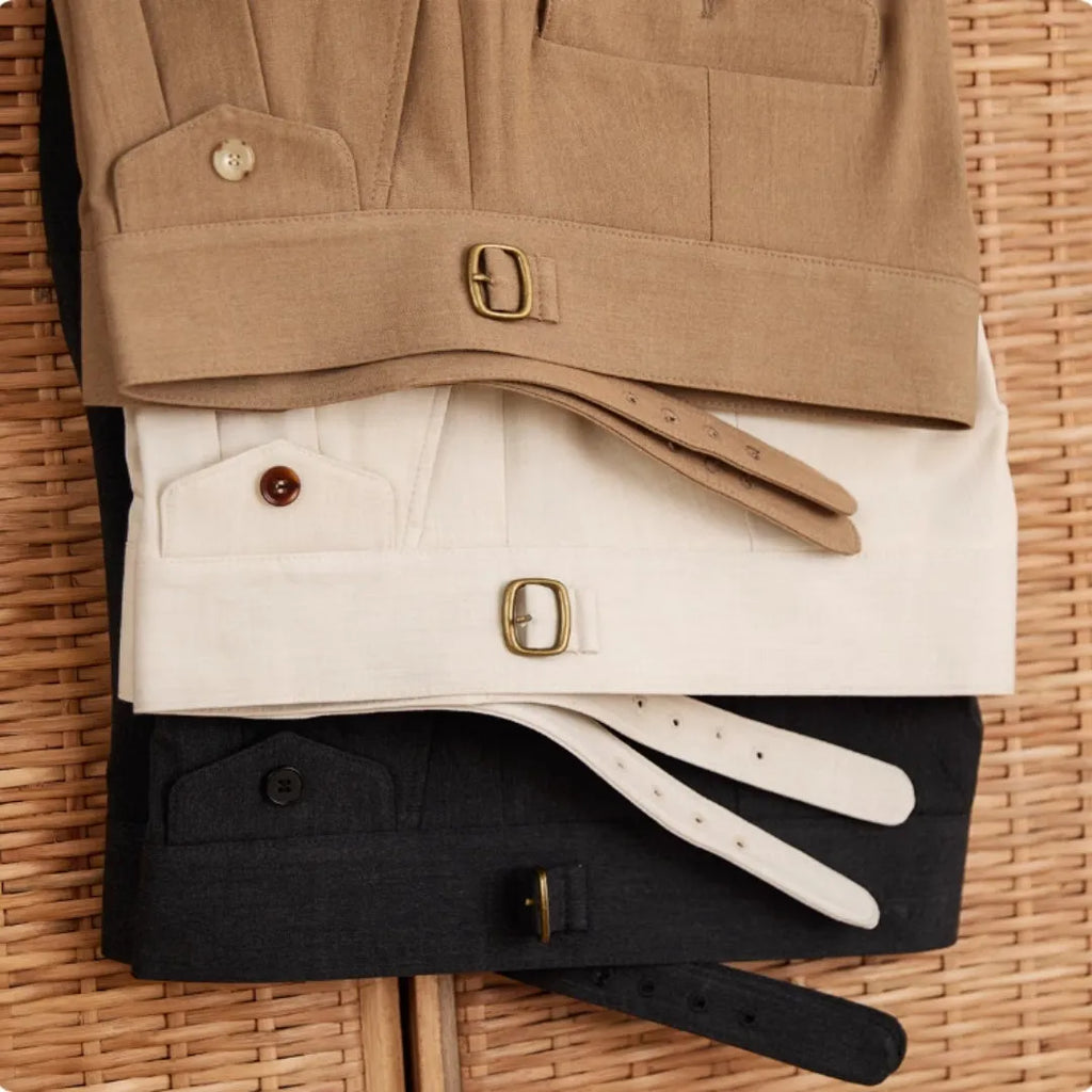 Men's slim fit straight leg trousers in dark grey, light brown and light apricot colours