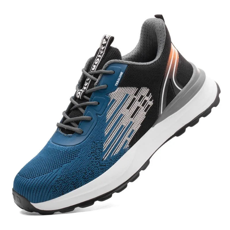 Blue men's low-top safety work shoes with lace-up front and plastic safety toe cap.