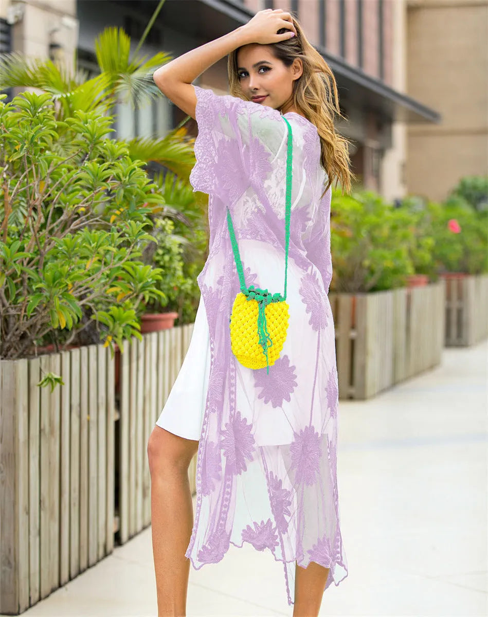 Light purple women's beach dress cardigan with lace embroidery swimsuit cover-up