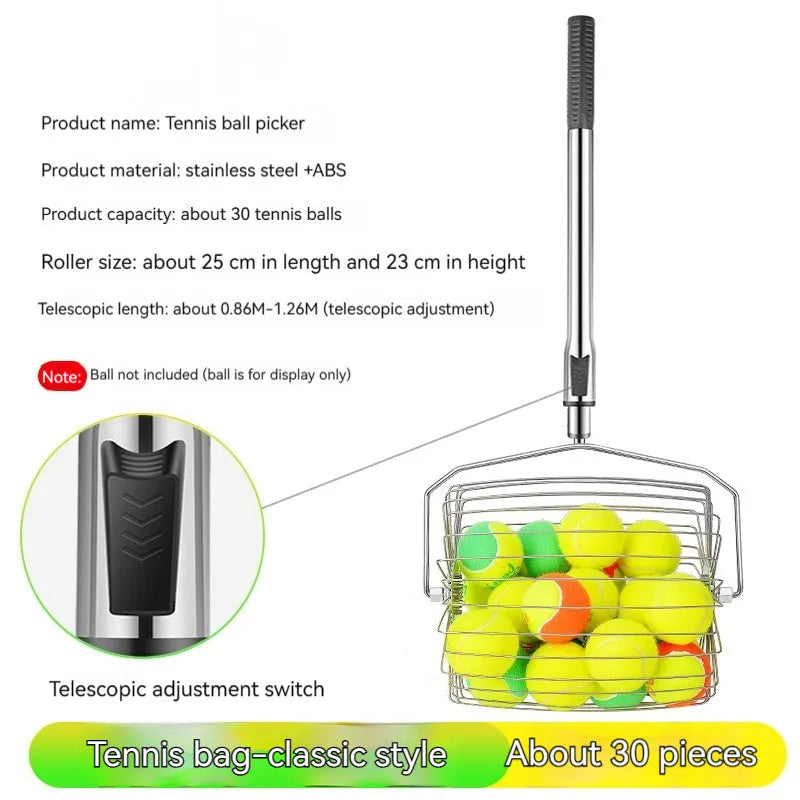 Stainless steel tennis ball roller picker with adjustable width on a court.