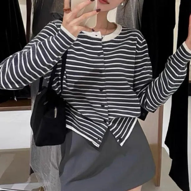 Women's dark grey and white striped cardigan coat with 40cm short length and slim fit