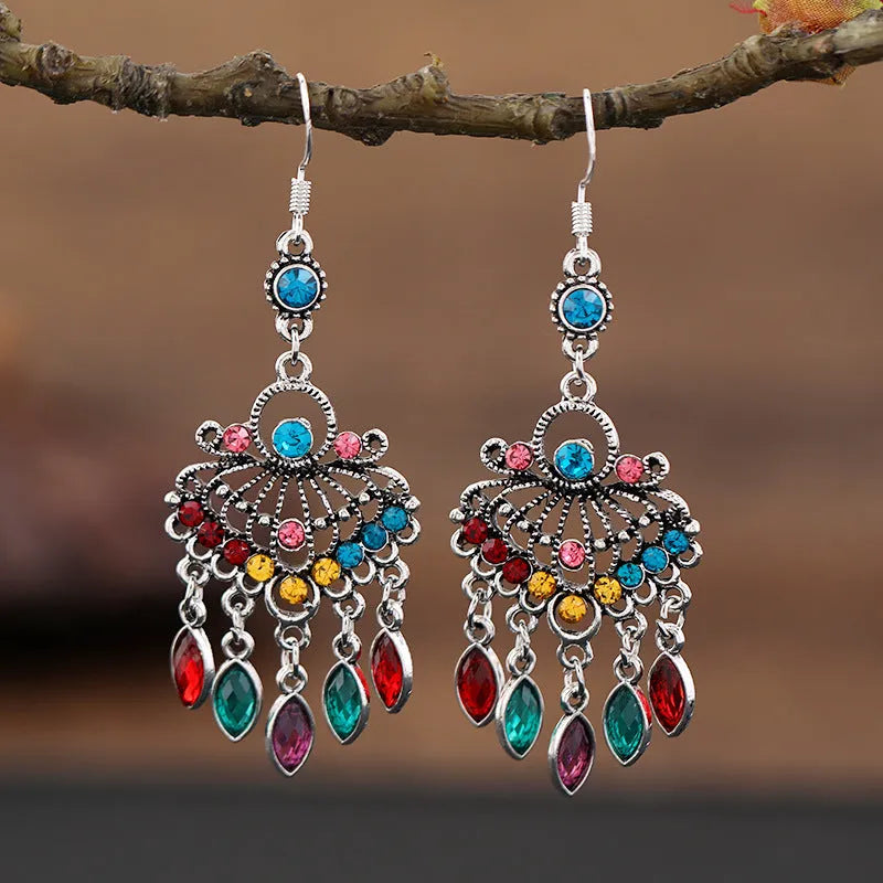 Smart water drop purple retro alloy earrings with long fringe in a drop shape