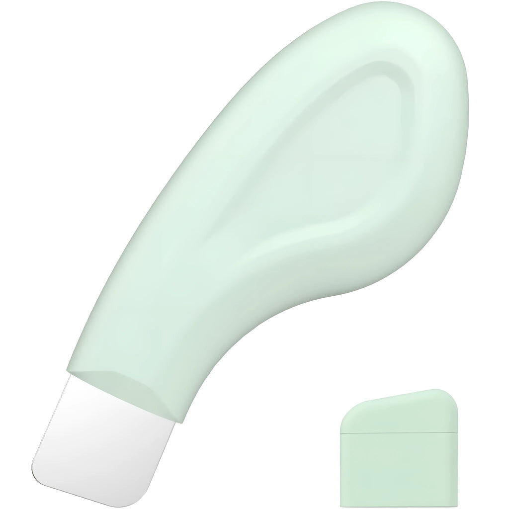 Stainless steel blackhead scraper tool with a non-slip handle for facial pore cleansing.