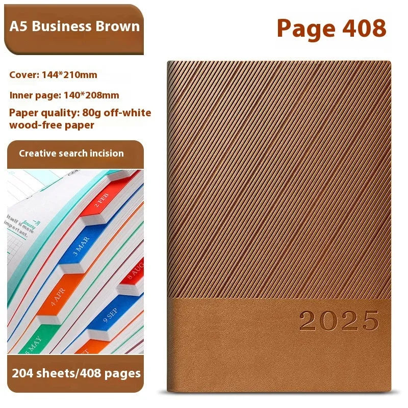 A4 striped PU leather business notepad open showing 80g wood-free paper
