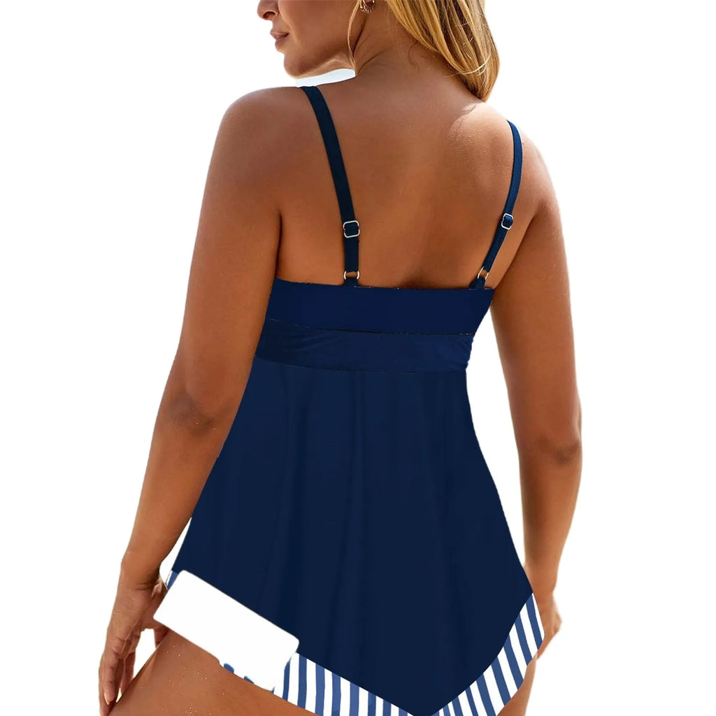 Plus size woman modelling a green two-piece backless bikini swimsuit made from quick-dry polyester.