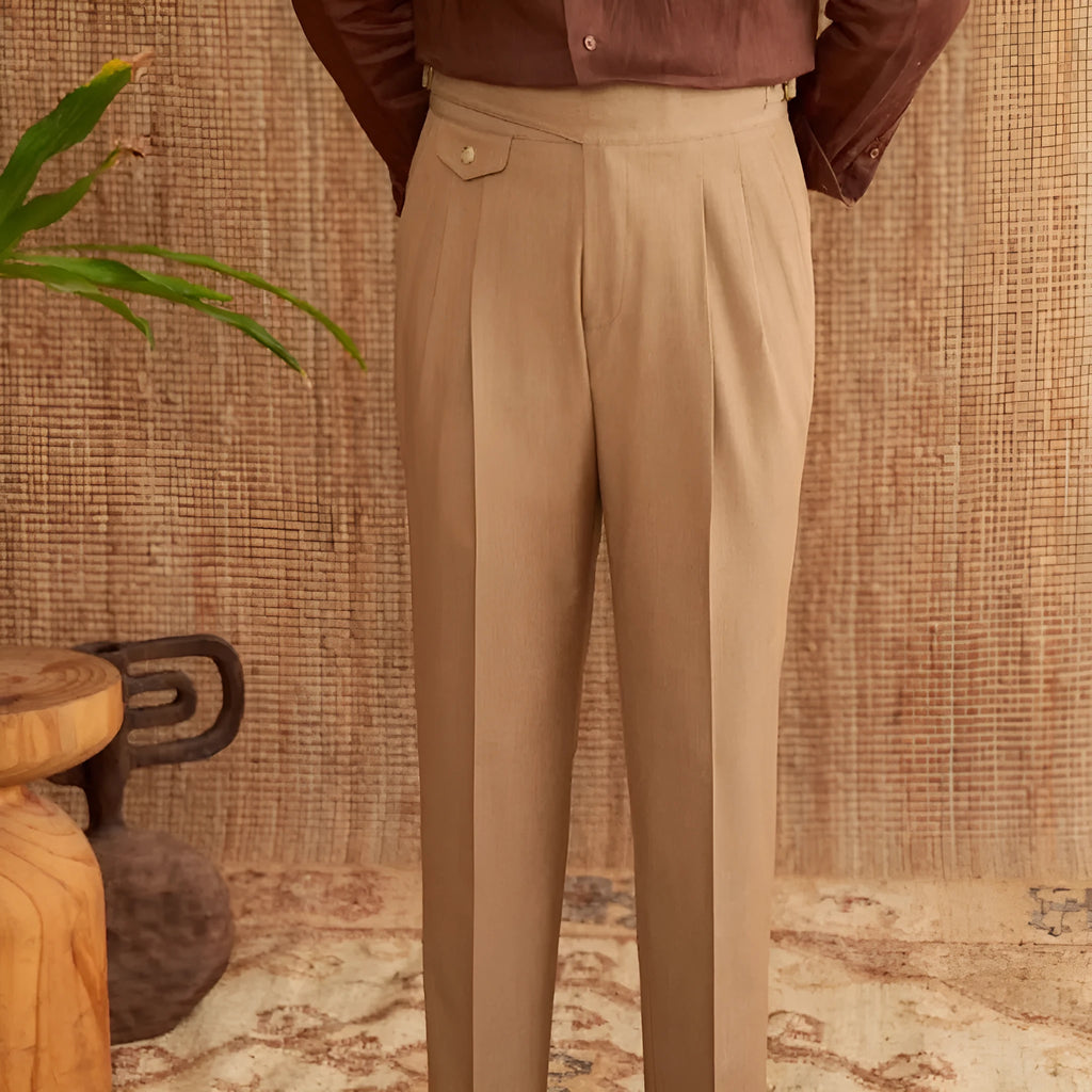 Men's slim fit straight leg trousers in dark grey, light brown and light apricot colours