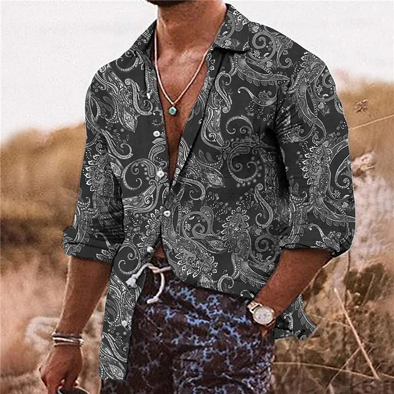 Men's loose-fit long sleeve shirt with a colourful 3D floral print pattern in polyester fabric.